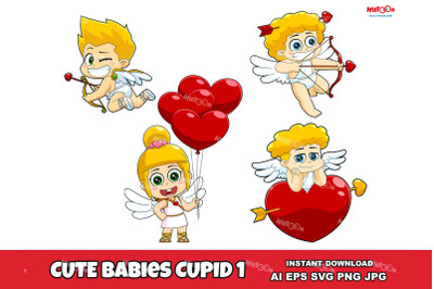 Cute Babies Cupid Cartoon Characters 1. Clip Art Vector Illustrations