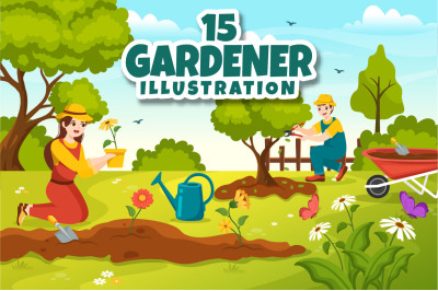 15 Summer Gardener Vector Illustration