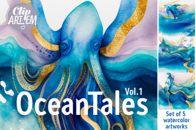 Watercolor Ocean Tales Bundle 5 JPEG Images Modern Home Decor Sea Art