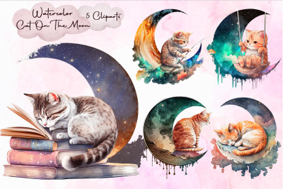 Watercolor Cat On The Moon Bundle