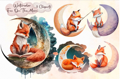 Watercolor Fox On The Moon Bundle