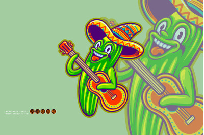 Funny mexican cactus sombrero hat guitar cinco de mayo logo cartoon il