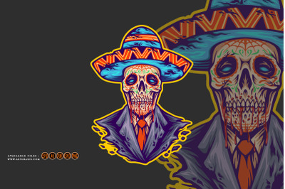 Sugar skull muertos mexican sombrero hat logo illustrations