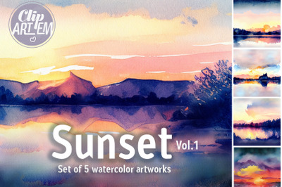 Sunset Painting Watercolor 5 JPEG Bundle Background Images, Home Modern Decor Digital Print