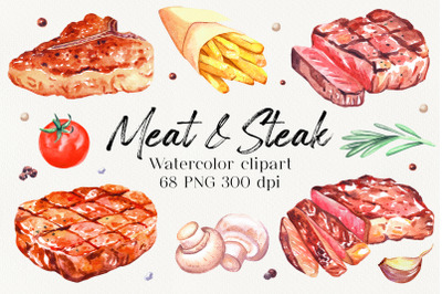 Smoke meat. Watercolor food clipart PNG. Steaks on grill BBQ