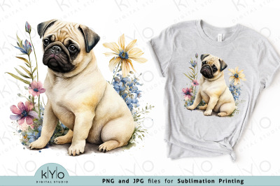 Watercolor Floral Pug with Flowers Png Clipart
