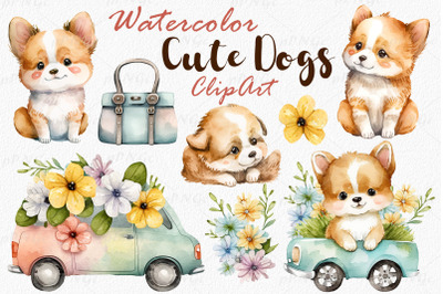 Watercolor Cute Dogs with Flowers and Doggy on Car with Flowers Clipar