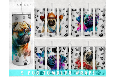 Pug Tumbler Wraps Bundle, 20 Oz Skinny Tumbler Pug Sublimation Designs