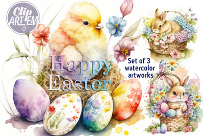 Happy Easter Bunny Flowers Eggs 3 JPEG Digital Images Watercolor Set