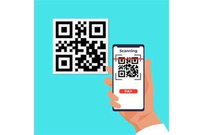 QR wireless payment. Cartoon hand holding smartphones and scanning bar