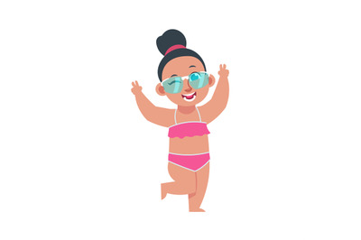 Funny girl on summer holidays. Cartoon teenager raising hands in greet