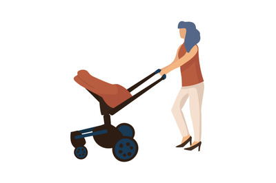 Mother walking with carriage. Cartoon woman carrying pram. Baby lies i