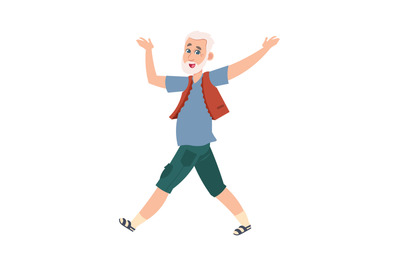 Funny happy senior man. Cartoon dancing pensioner. Cheerful grandparen