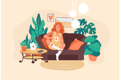 Woman drink coffee. Girl resting on sofa alone. Young female holding m