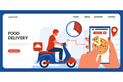 Food delivery landing page. People order food using mobile application