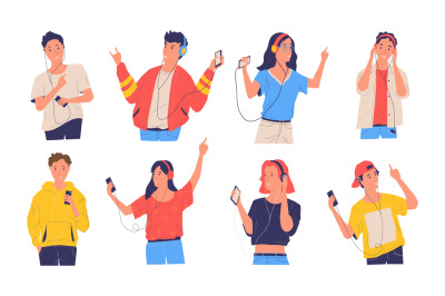 People listen music. Cartoon happy teenagers with phones and headphone