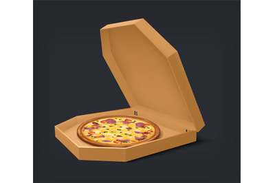 Realistic open box with pizza. National Italian meal in square cardboa