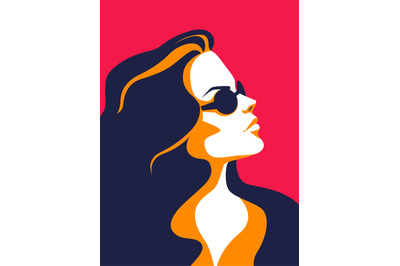 Trendy woman. Minimalist portrait, female profile. Colorful poster of