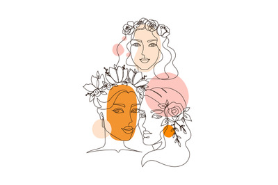 Line art woman face. Abstract minimal poster with flowers for fashion