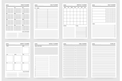 Planner pages. Paper sheets for scheduling&2C; writing tasks for year and