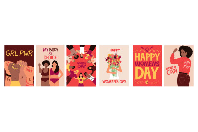 Feminist poster. Cartoon banners with strong independent girls. Intern