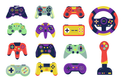 Joysticks. Cartoon controllers for video gaming. Colorful gamepads con