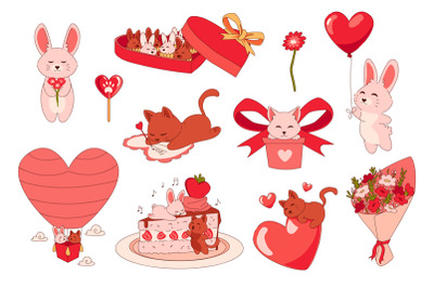 Animals with hearts. Cartoon romantic stickers. Cute bunny giving ball