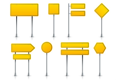 Road yellow sign. Realistic highway signage on pole. 3D roadside point