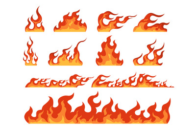 Fire flame. Cartoon bonfire and fiery borders decorative elements. Red