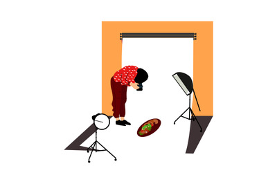 Photographer in studio. Simple cartoon man photographing food, taking