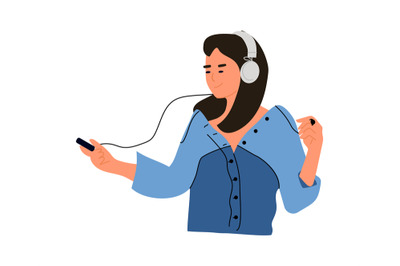 Woman with phone and headphones. Cartoon teenager listening to music u