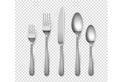 Realistic cutlery. 3D forks and knives or spoons. Isolated metal objec