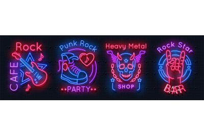 Rock music neon sign. Realistic luminous signboards. Billboards of mus