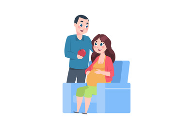 Pregnancy. Cartoon pregnant woman with husband. Happy man giving apple