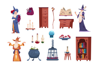 Wizard tools. Cartoon magician casts spells. Alchemical laboratory wit