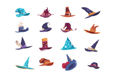 Wizard hats. Cartoon magician wide-brimmed pointed headgear. Colorful