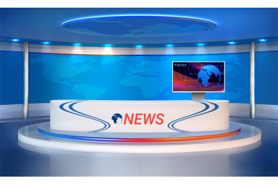 News room. Realistic studio for recording TV programs. 3D newscaster s