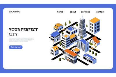 Real estate landing page. Smart city design. Construction plan of buil