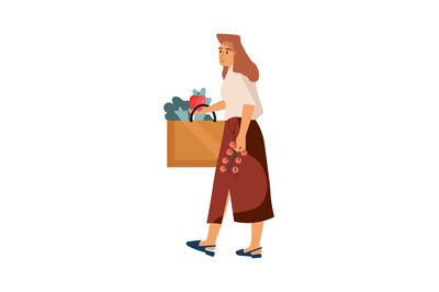 Woman at grocery store. Shopping concept. Cartoon female making purcha