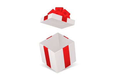 Open gift box. Realistic cardboard cube container with red bow angle v