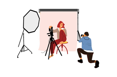Photographer shooting model in studio. Photo session concept. Man taki