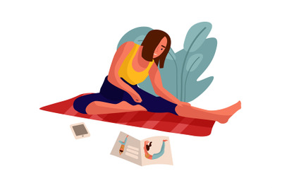 Woman doing yoga at home. Female sitting in asana pose. Cute character