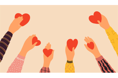 Hands holding hearts. Cartoon red symbol of love in arms. Charity and