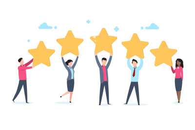 5 star rating. Flat people holding five golden stars. Social media pro