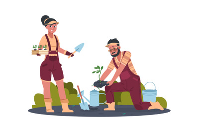 Gardener. Cartoon agricultural workers replanting seedlings. Man and w