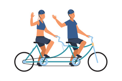 People on tandem bike. Happy male and female character ride on twin bi