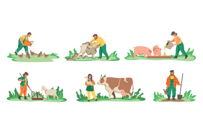 Agriculture workers. Cartoon farmers feeding domestic animals, plantin