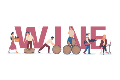 Winemaking banner. Process of wine production. People harvesting grape