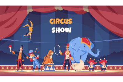 Circus show. Cartoon poster with clown and acrobat. Juggler and magici