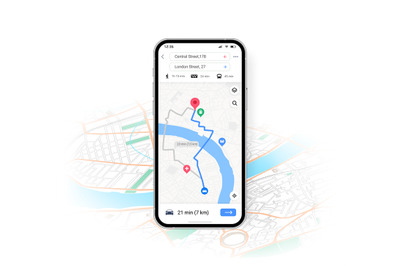 Phone map UI. Mobile application with transport location and route dir